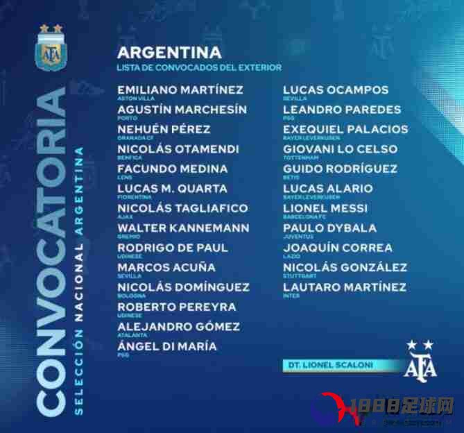 阿根廷国家队,阿根廷球员名单,阿根廷世预赛球员大名单公布：坎内曼、梅迪纳入选
